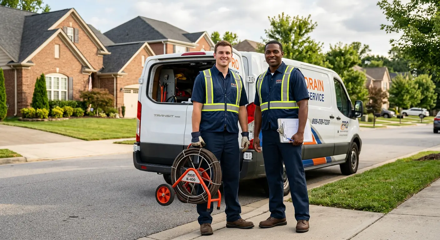 Sewer and drain service team with equipment ready for work in Mishawaka