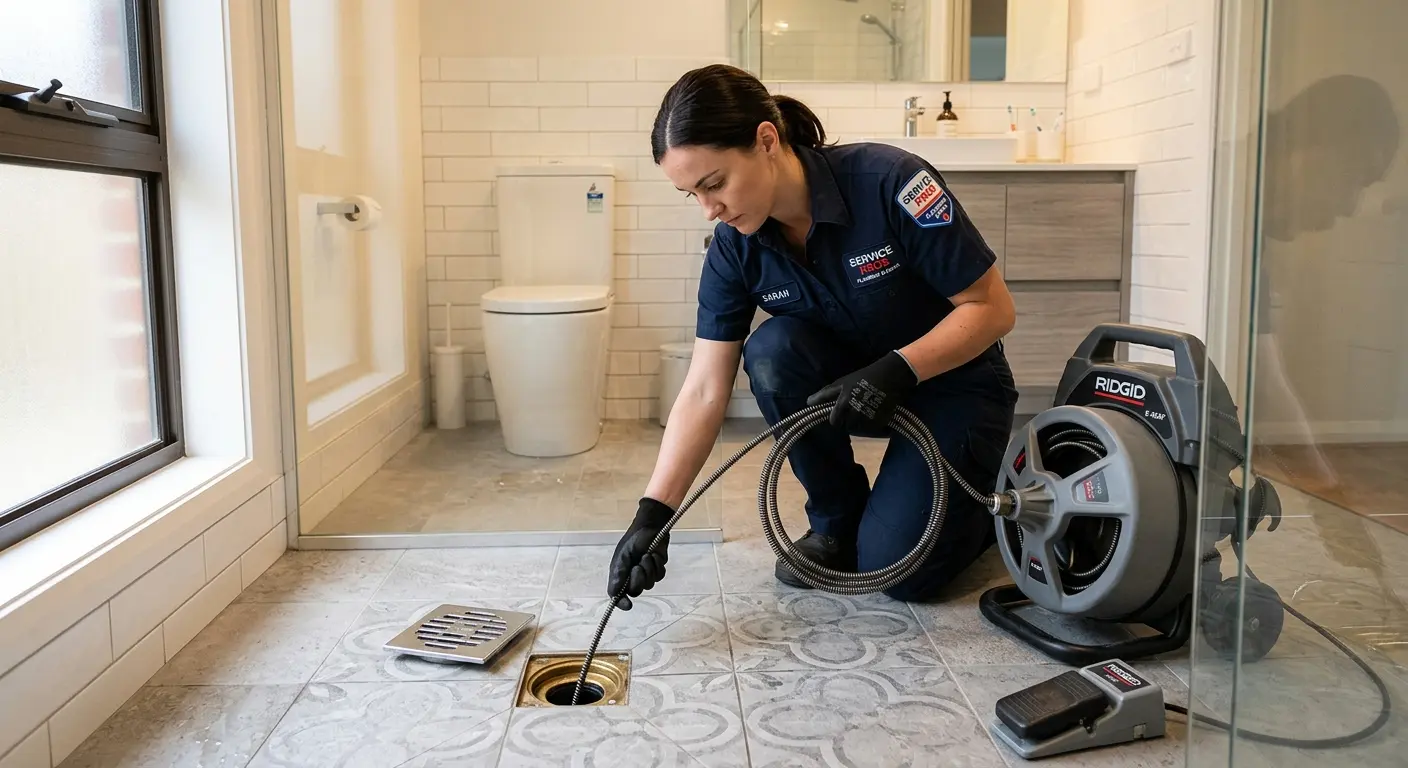 Technician clearing a bathroom floor drain for Hydro Jetting in Mishawaka